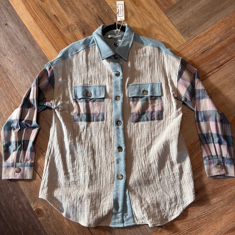 Shop Neighbor Grey Multi Plaid Gauze Button Down Shirt T9212 Small NWT